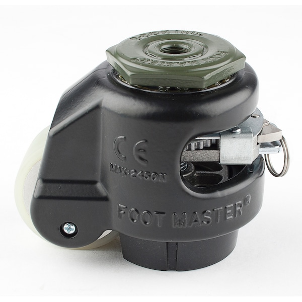 Leveling Caster, Ratchet, 50 mm PU Wheel, 1/2-13 Stem, Swivel, 250 kg Cap, NBR Foot Pad, Black